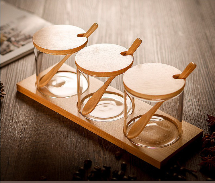 Wholesale high borosilicate glass jar for storage spice with wooden tray