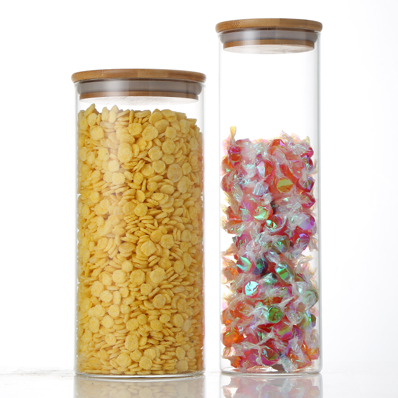 Wholesale high borosilicate glass sealed storage tank bamboo cover transparent 500ml