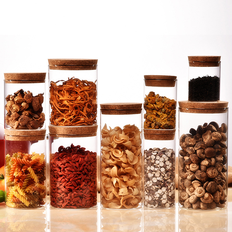 Wholesale high borosilicate glass storage jars with cork lid