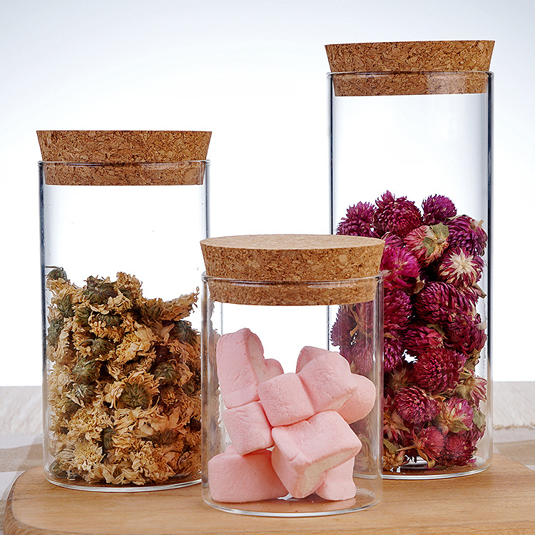 Wholesale high borosilicate glass storage jars with cork lid