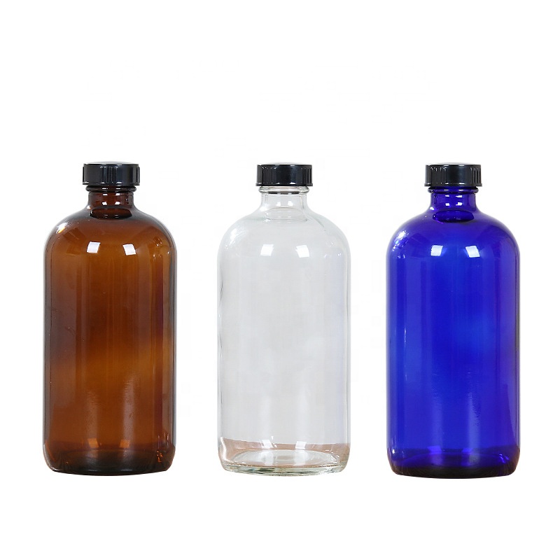 Wholesale high quality 1/2oz 1 oz 2 oz 4 oz 8oz amber boston round 16oz clear blue glass bottle bakelite lid