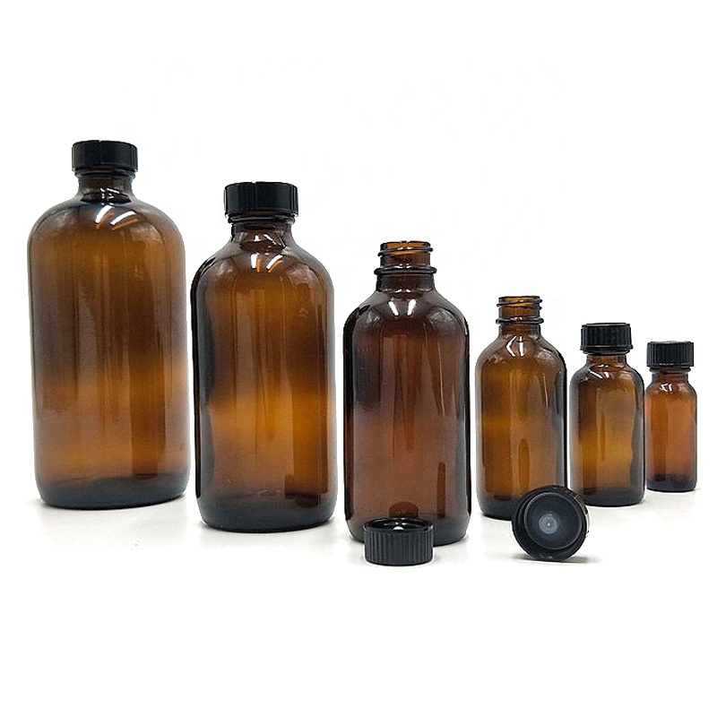 Wholesale high quality 1/2oz 1 oz 2 oz 4 oz 8oz amber boston round 16oz clear blue glass bottle bakelite lid