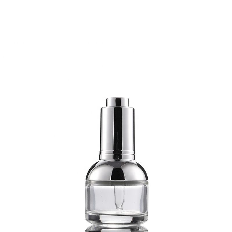 Wholesale high quality eco friendly 50ml 30ml 20ml clear glass dropper bottle with silver shoulder press pump lid