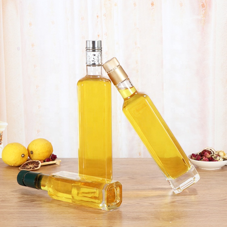 Wholesale high quality square small oil vinegar bottle empty clear 250ml 500ml 750ml 1000ml glass cooking olive oil bottle