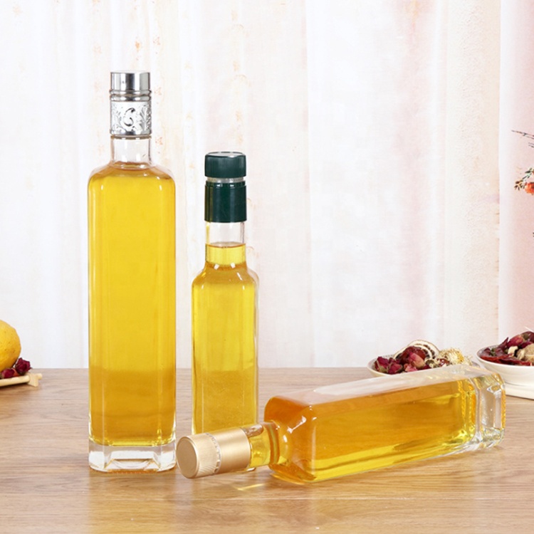 Wholesale high quality square small oil vinegar bottle empty clear 250ml 500ml 750ml 1000ml glass cooking olive oil bottle
