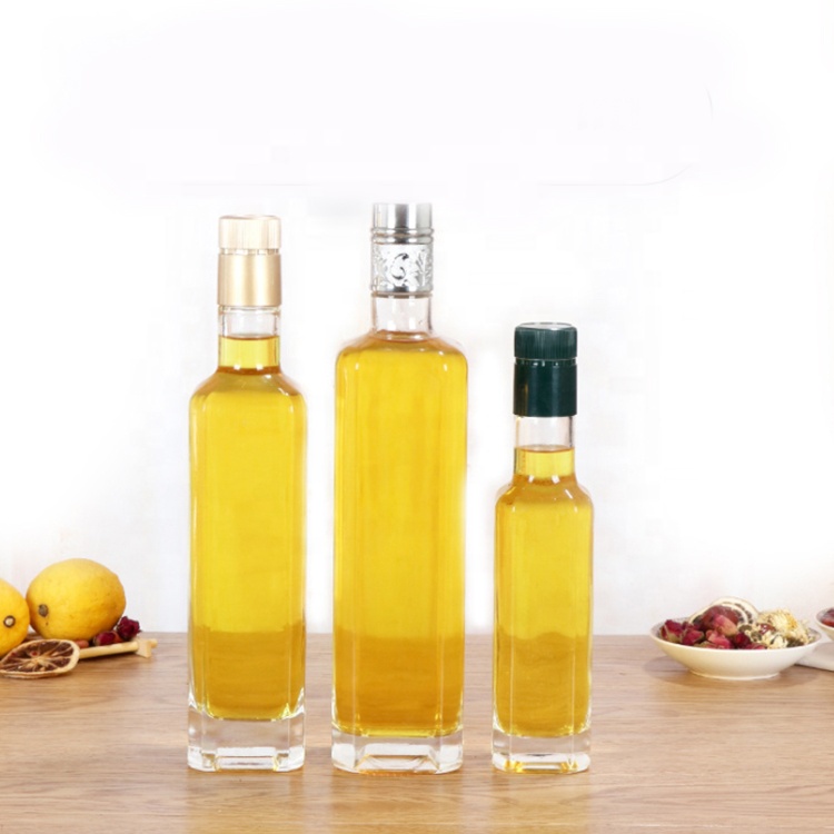 Wholesale high quality square small oil vinegar bottle empty clear 250ml 500ml 750ml 1000ml glass cooking olive oil bottle