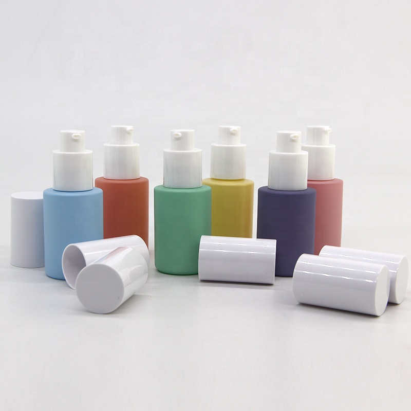 Wholesale in stock purple pink blue peach yellow green color glass bottles with white pump head in 30ml
