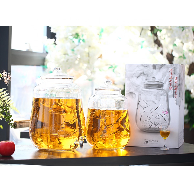 Wholesale large lotus pattern shaped wine glass jar drink juice bottles glass jars with tap