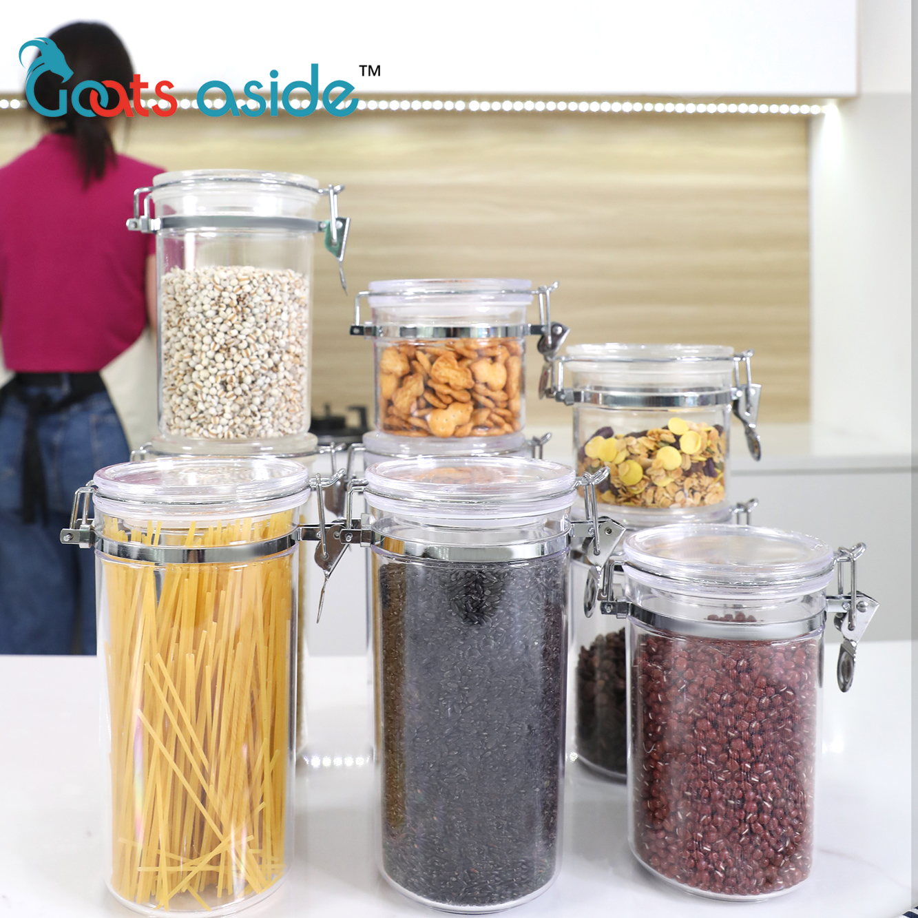 Wholesale leakproof plastic round airtight food sealed jar with metal lock PS material storage container kitchen storage box set