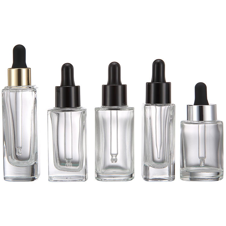 Wholesale lotion/essential oil/serum/foundation packaging square rectangle cosmetic glass bottles with dropper