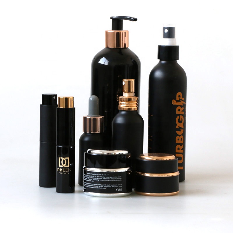 Wholesale luxury cosmetic packaging metal matte black spray bottle 80ml 120ml 250ml 300ml aluminum shampoo lotion pump bottle