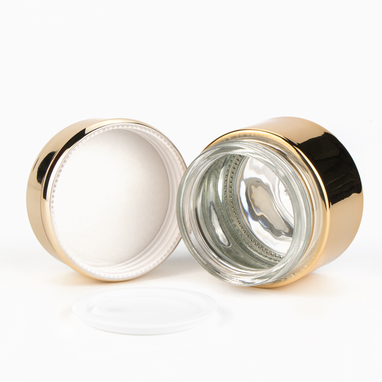 Wholesale luxury custom logo 20ml 30ml 50ml uv gold silver facial cream glass jar cosmetic packaging jar with metal lid