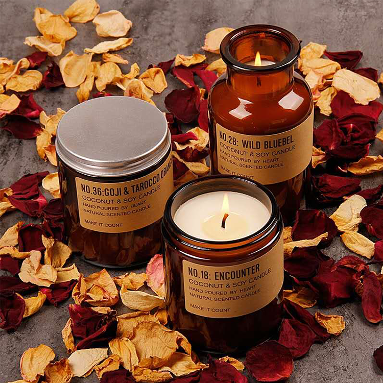 Wholesale luxury round vintage container brown amber glass empty candle jars with metal lid