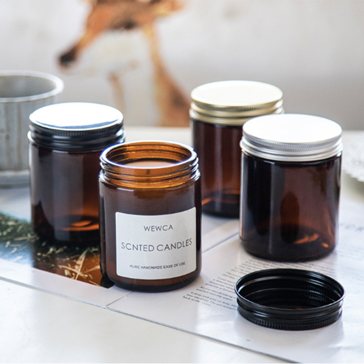 Wholesale luxury round vintage container brown amber glass empty candle jars with metal lid