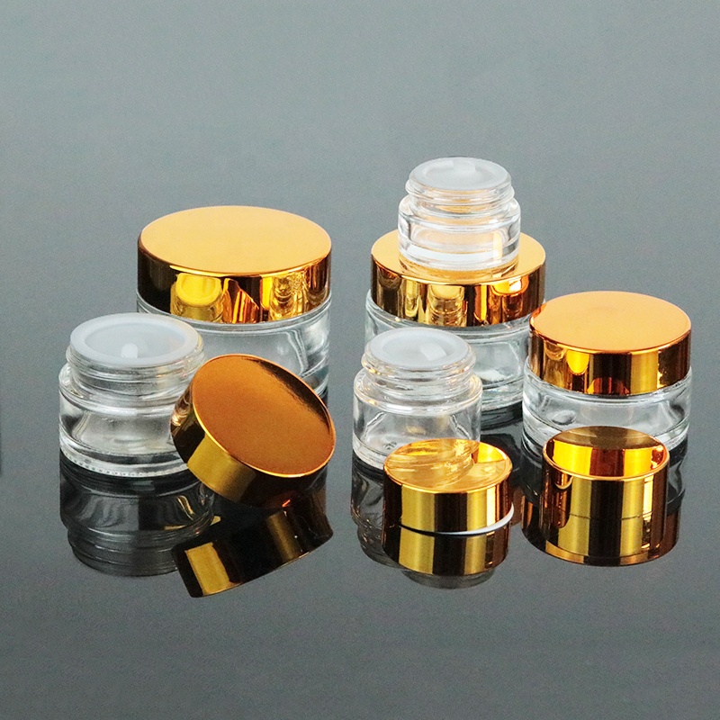 Wholesale manufacturer price 30ml glass lip balm jar 1 oz clear container gold top (GJM04)
