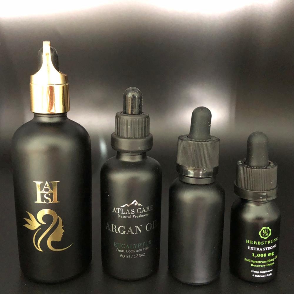 Wholesale matte amber black 30ml Glass Dropper Bottle 100ml 60ml 15ml 10ml Essential Oil Bottle with hot stamping