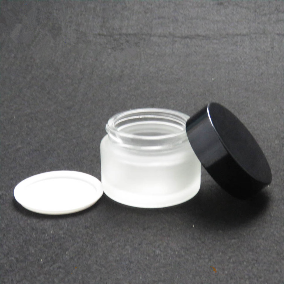 Wholesale matte glass bottle 20g 30g 50g glass jar clear matte glass jar with black aluminum cap