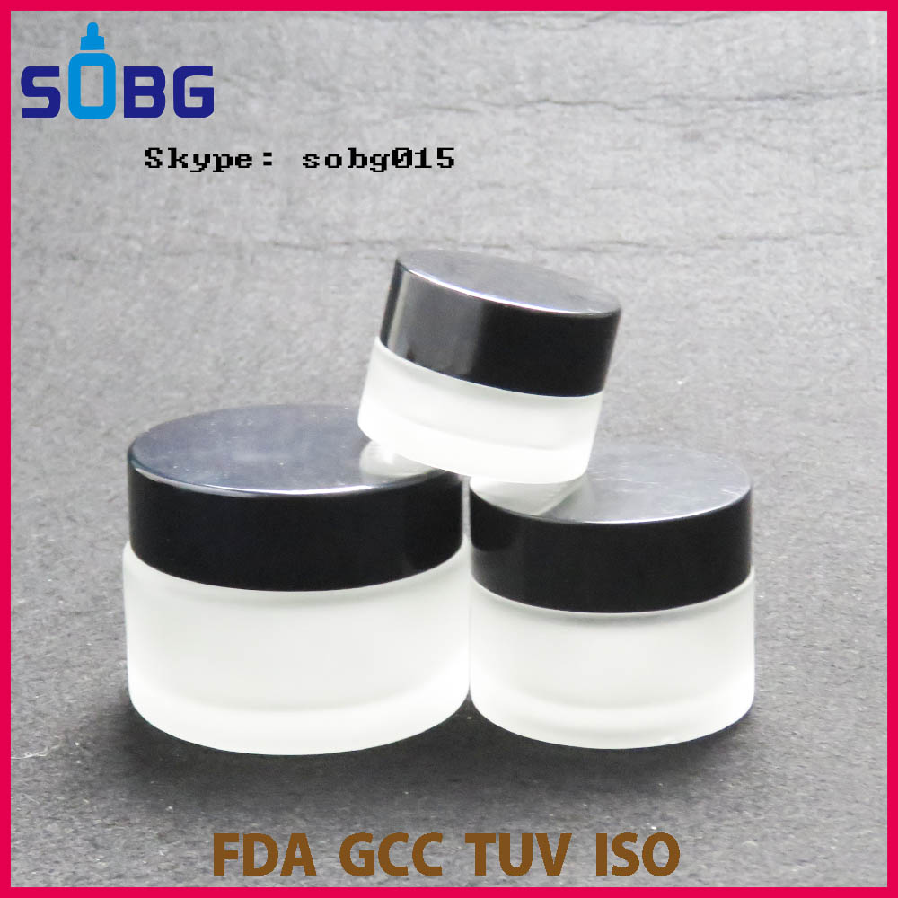 Wholesale matte glass bottle 20g 30g 50g glass jar clear matte glass jar with black aluminum cap
