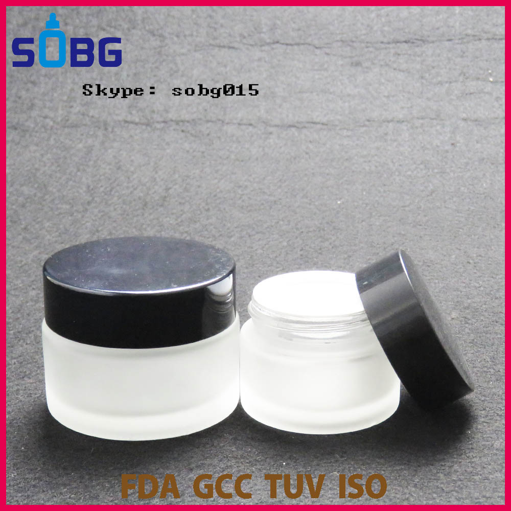 Wholesale matte glass bottle 20g 30g 50g glass jar clear matte glass jar with black aluminum cap