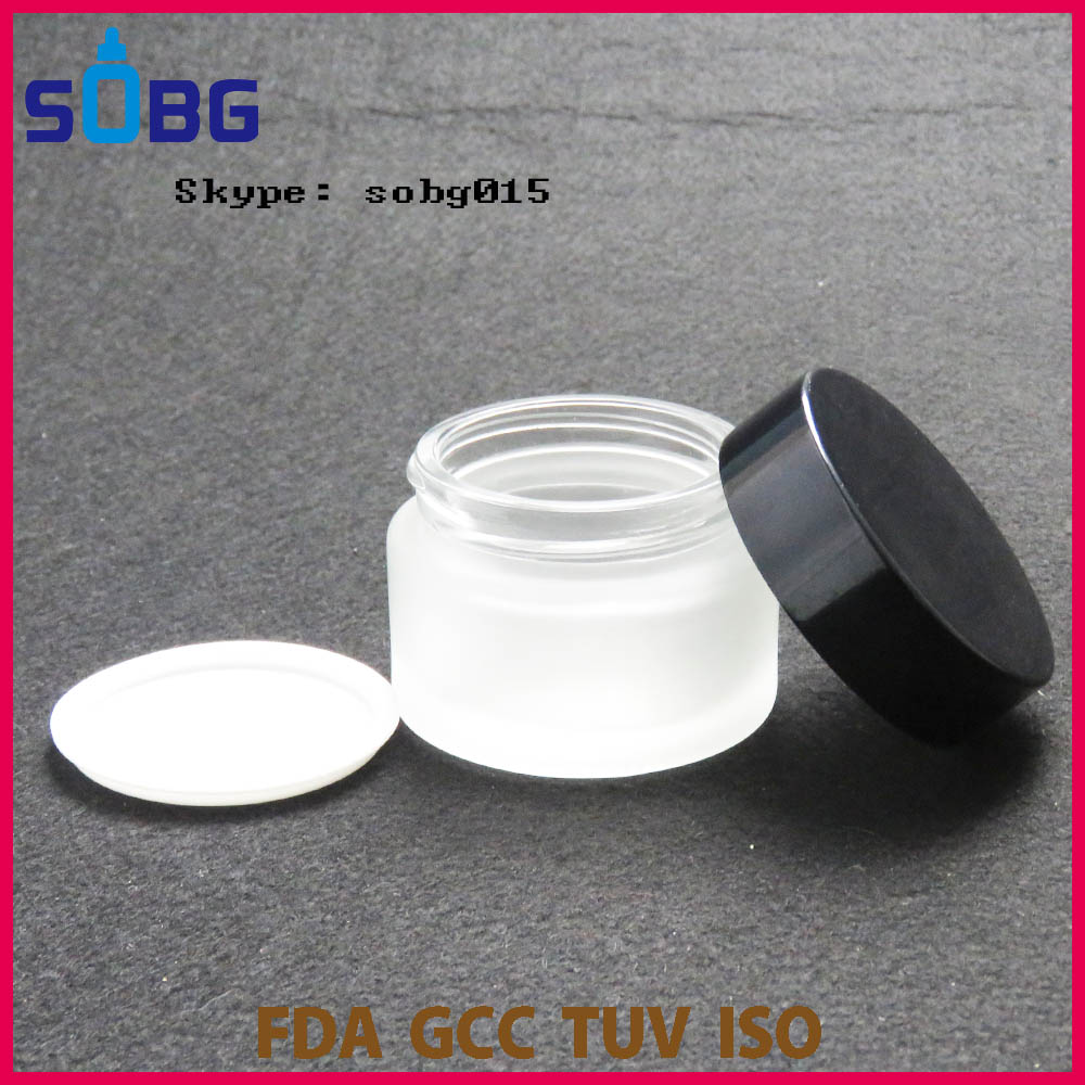 Wholesale matte glass bottle 20g 30g 50g glass jar clear matte glass jar with black aluminum cap