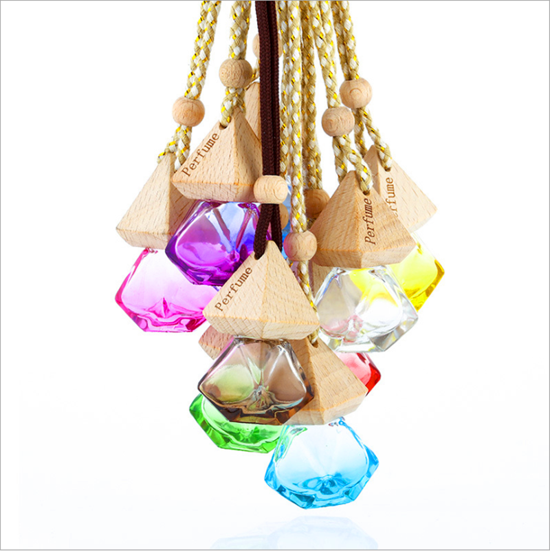 Wholesale mini 5ml 8ml 10m 12ml wooden cap empty air freshener diffuser hanging glass car perfume bottle