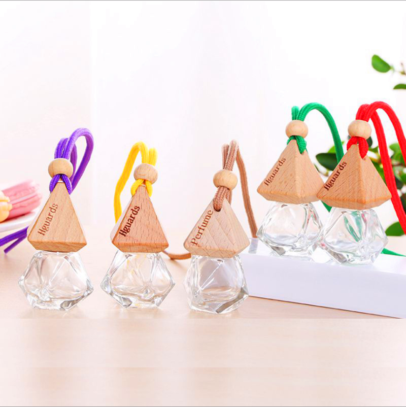 Wholesale mini 5ml 8ml 10m 12ml wooden cap empty air freshener diffuser hanging glass car perfume bottle