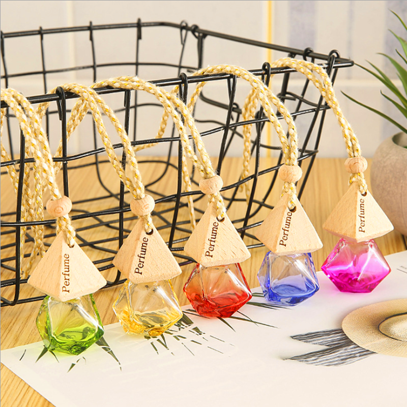 Wholesale mini 5ml 8ml 10m 12ml wooden cap empty air freshener diffuser hanging glass car perfume bottle