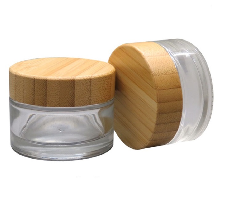 Wholesale natural bamboo lid cream frosted cosmetics container glass jar