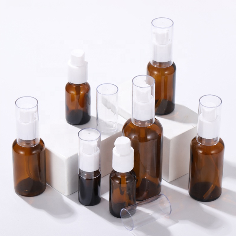 Wholesale personal care skin care cosmetic glass amber glass bottle liquid spray pump bottle