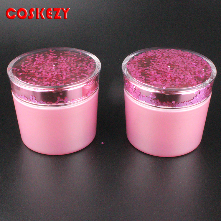 Wholesale plastic 150ml jar double wall cream jar cosmetic bottles lotion with pink Sequins