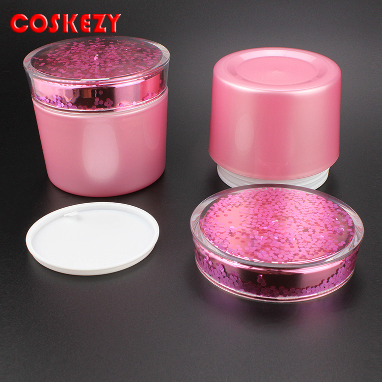 Wholesale plastic 150ml jar double wall cream jar cosmetic bottles lotion with pink Sequins