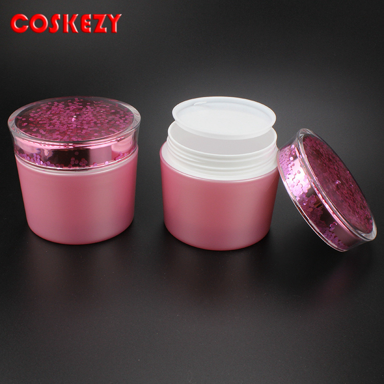 Wholesale plastic 150ml jar double wall cream jar cosmetic bottles lotion with pink Sequins