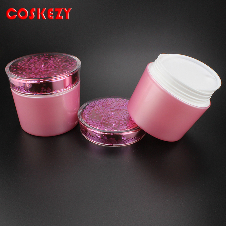 Wholesale plastic 150ml jar double wall cream jar cosmetic bottles lotion with pink Sequins