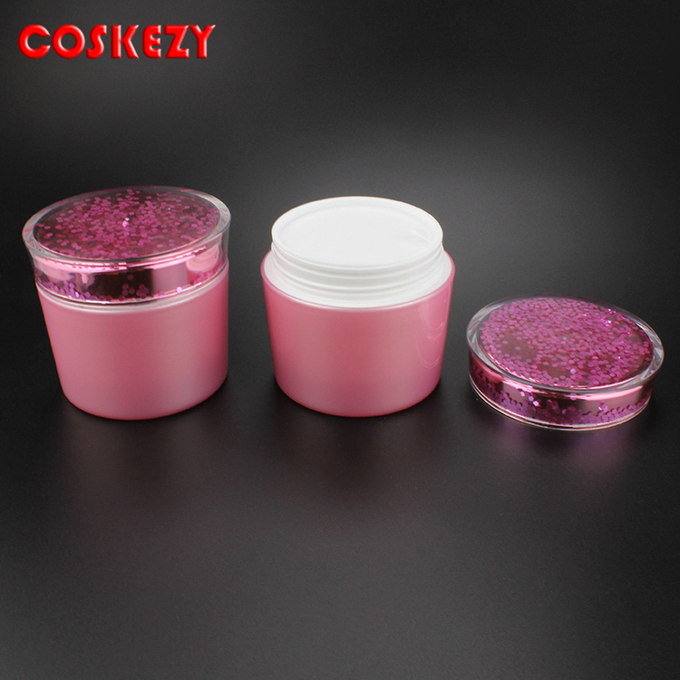 Wholesale plastic 150ml jar double wall cream jar cosmetic bottles lotion with pink Sequins