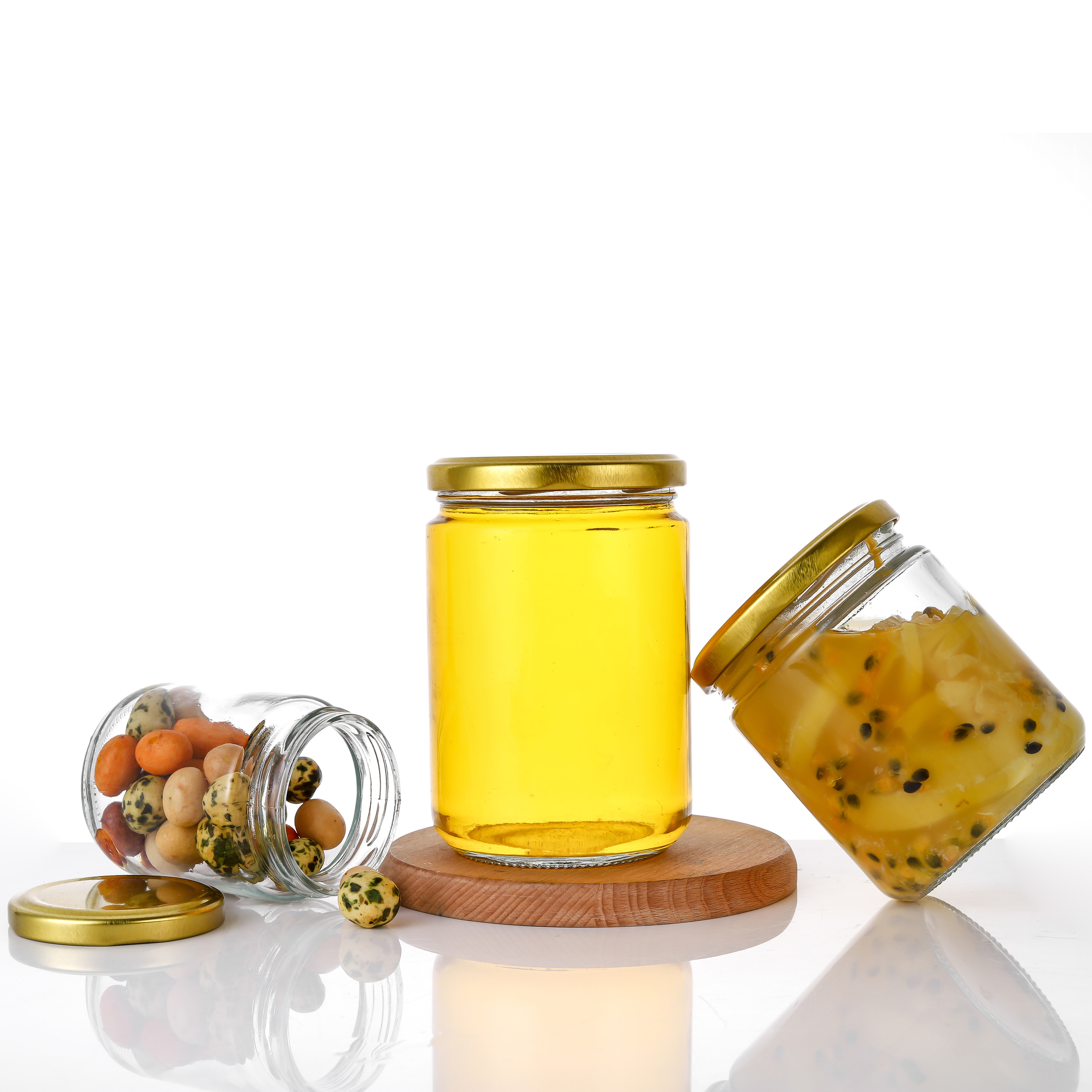 Wholesale price customized clear round airtight glass jars with screw lid for canned fruit honey caviar jam