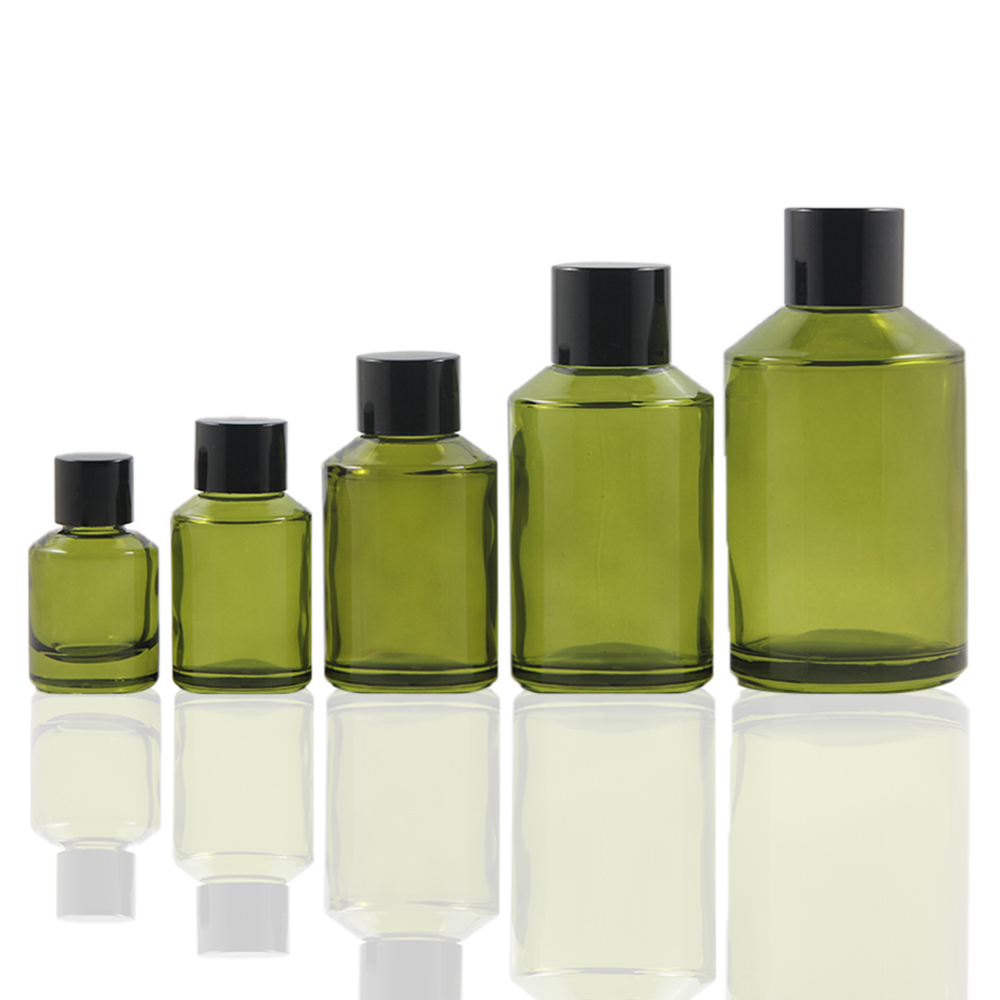 Wholesale recycled glass cosmetic packaging bottles, green pink black empty lotion bottles