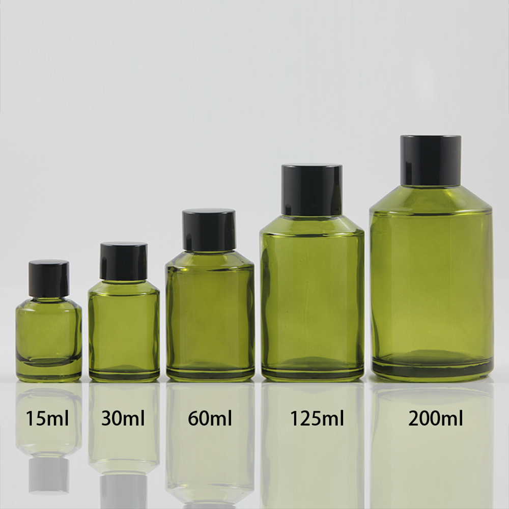 Wholesale recycled glass cosmetic packaging bottles, green pink black empty lotion bottles
