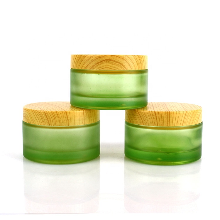 Wholesale round 200g Cosmetic Frosted Glass Cream Jar with Wood grain lid