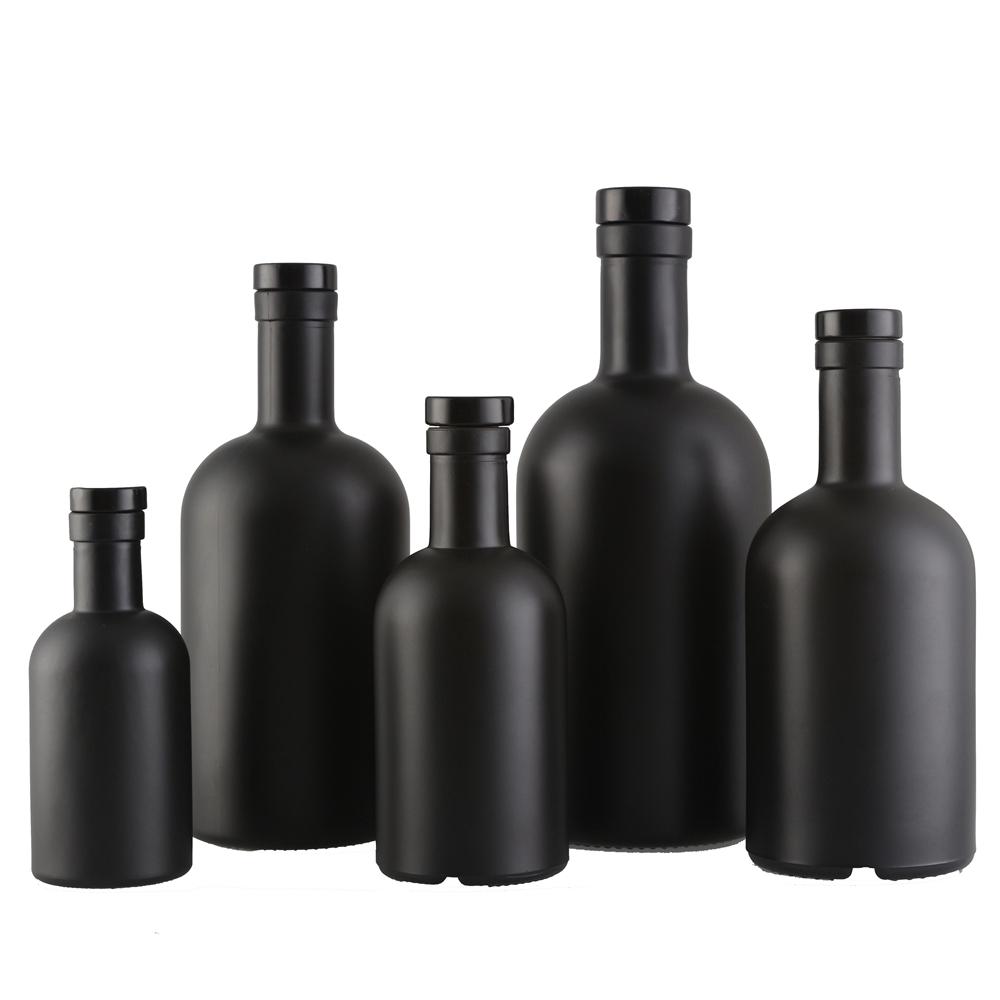 Wholesale round 375ml 500ml 750ml 1L black matte olive oil bottle glass with lid