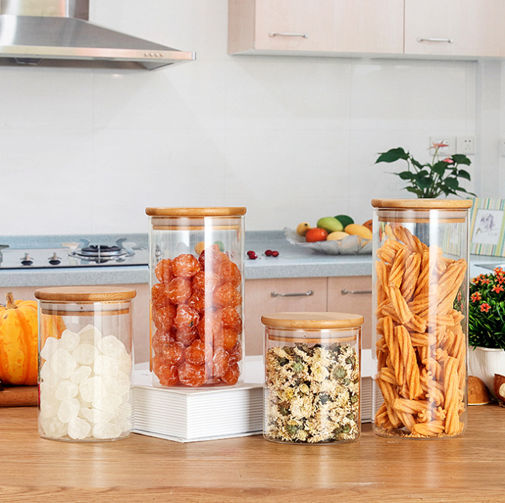 Wholesale round airtight glass storage Kitchen candy glass jar storage with bamboo lid