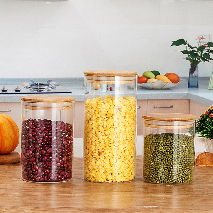 Wholesale round airtight glass storage Kitchen candy glass jar storage with bamboo lid