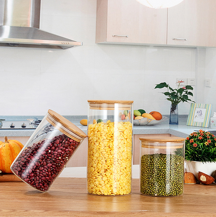 Wholesale round airtight glass storage Kitchen candy glass jar storage with bamboo lid