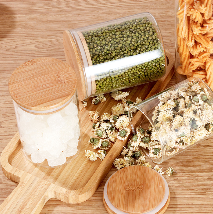 Wholesale round airtight glass storage Kitchen candy glass jar storage with bamboo lid