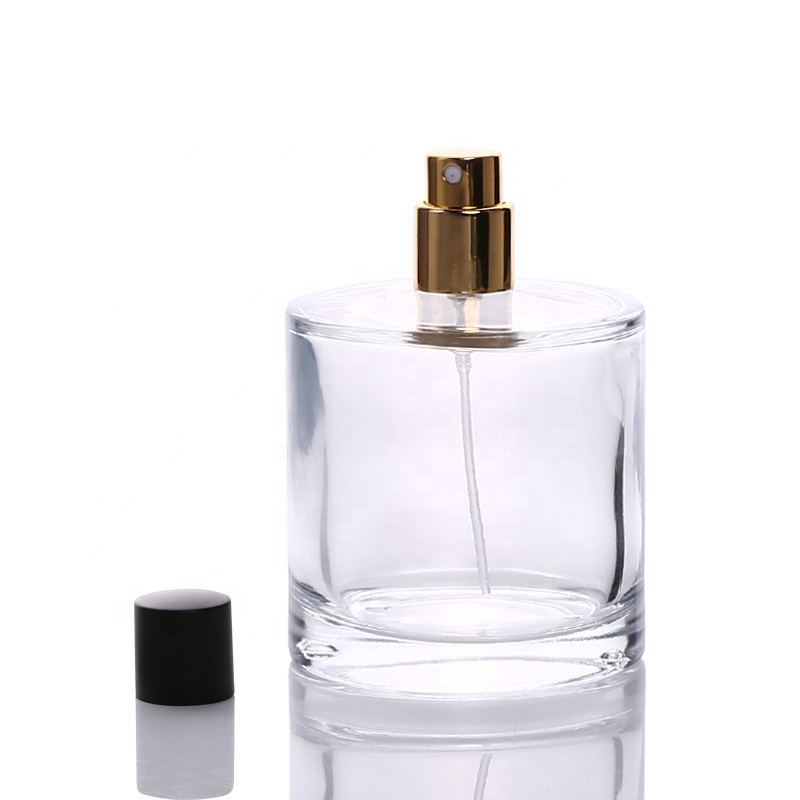 Wholesale round glass 50ml 100ml perfume bottle with black cap