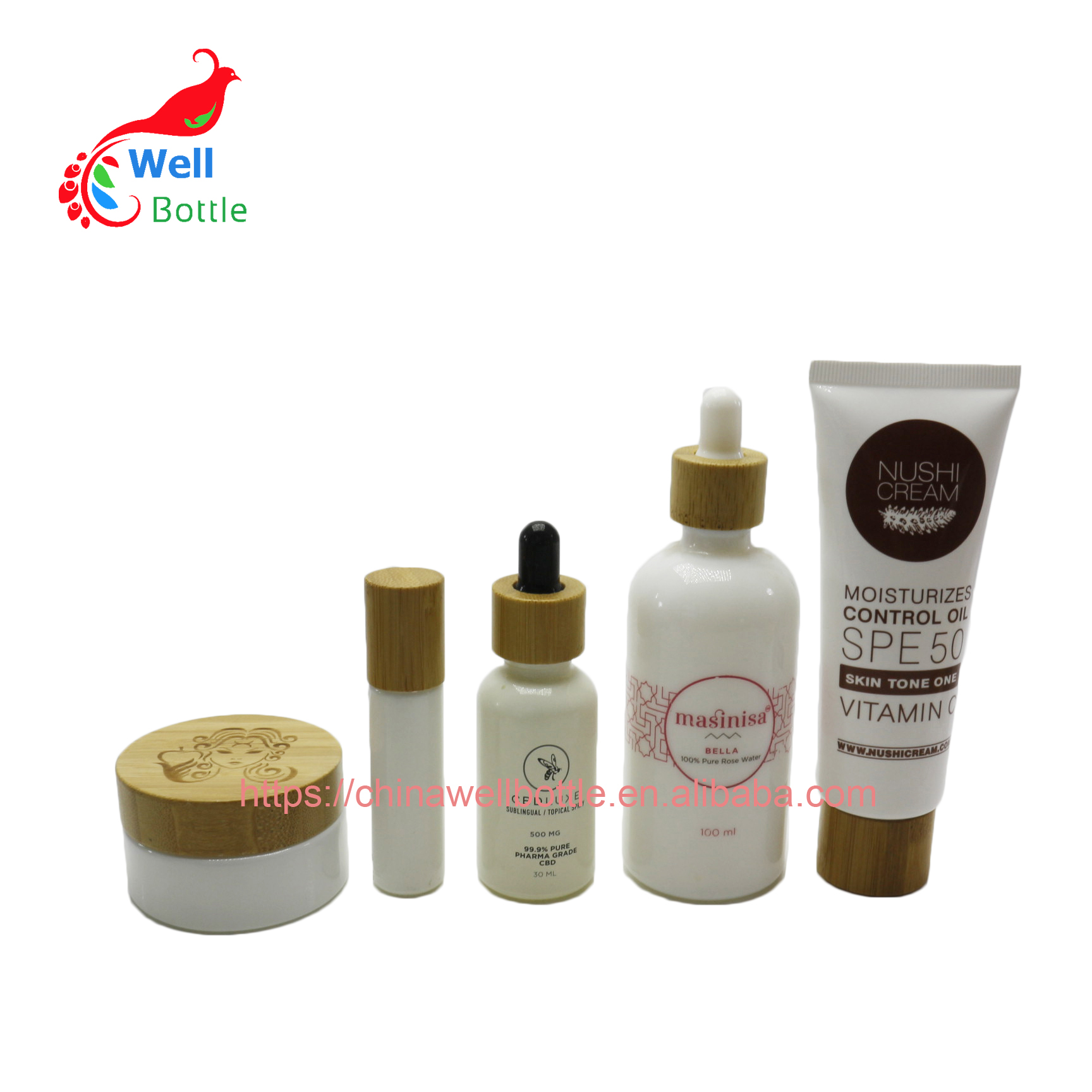 Wholesale round pump glass bottle with lotion bamboo pump top GB316E