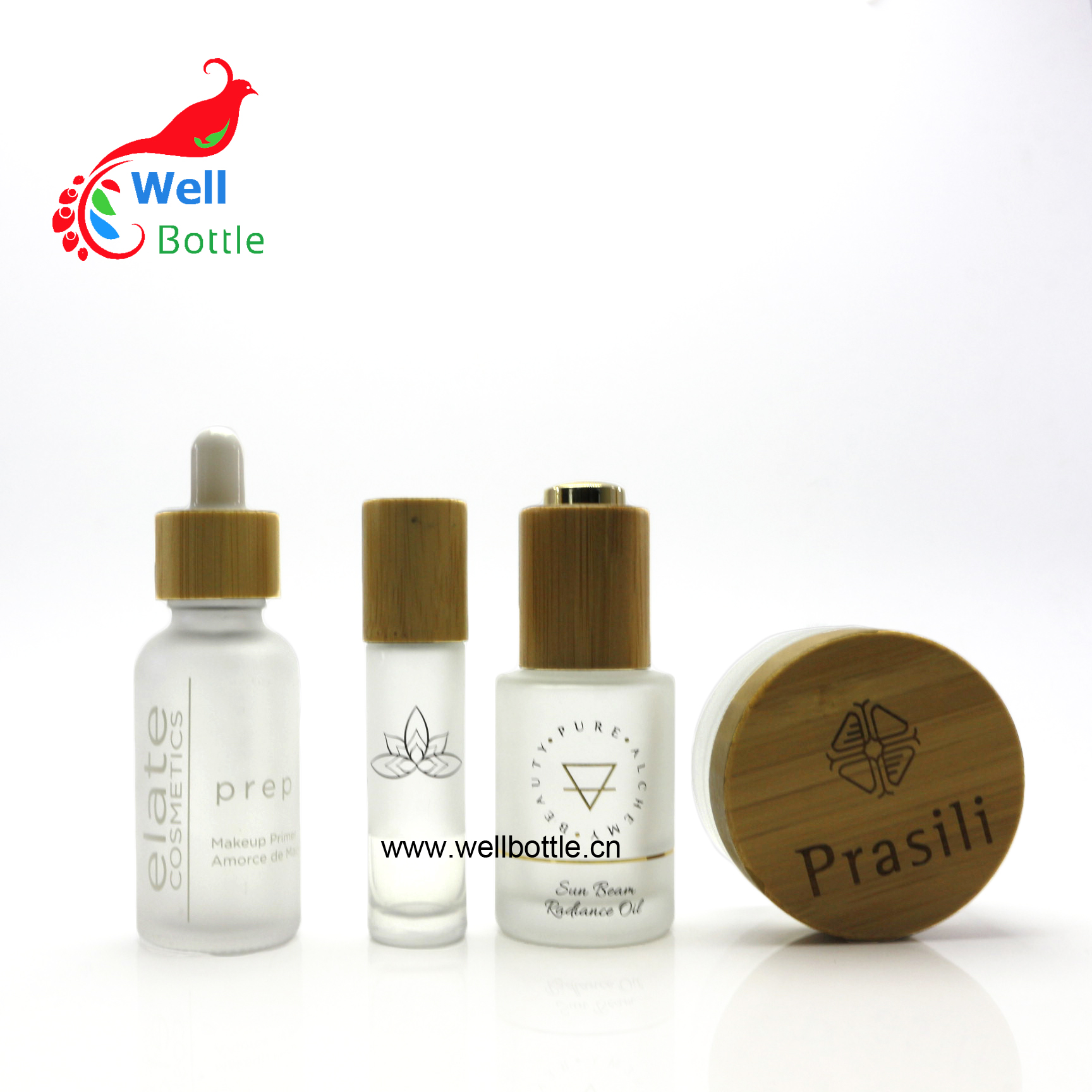 Wholesale round pump glass bottle with lotion bamboo pump top GB316E