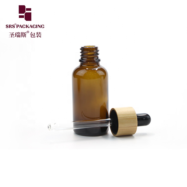Wholesale small order quantity mini amber color empty 30ml glass bamboo dropper bottle