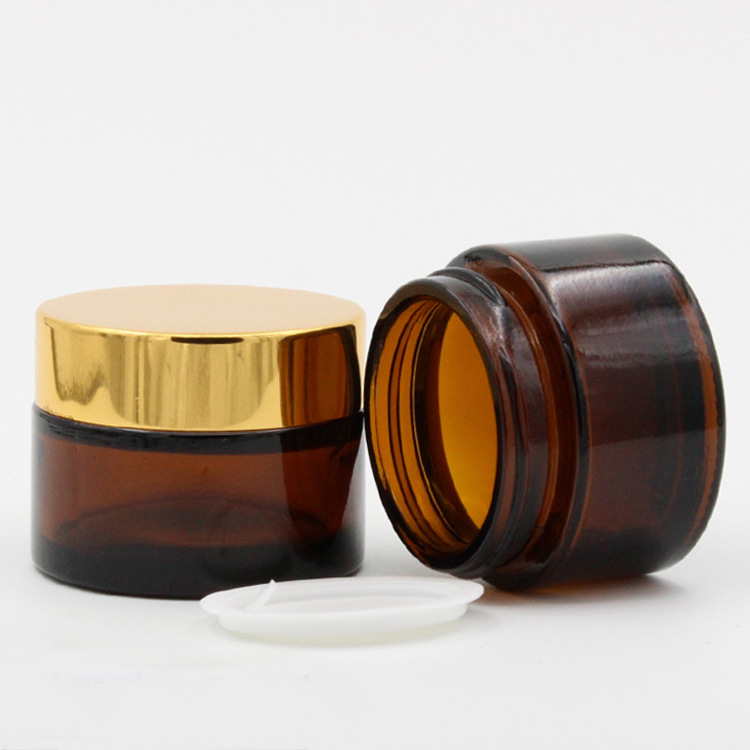 Wholesale small round 20ml lip balm face cream lotion cometic containers amber glass jar screw gold cap