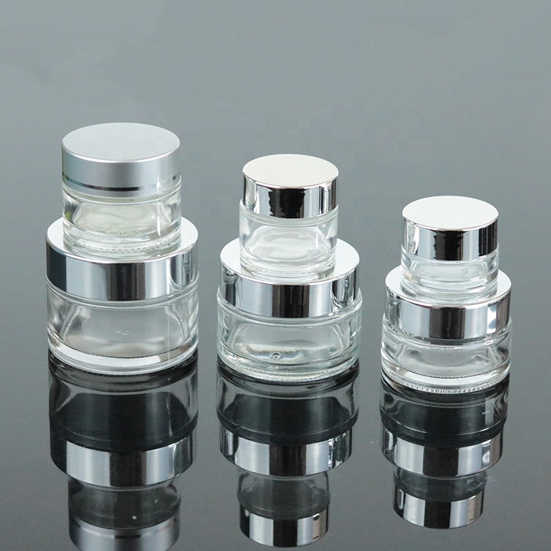 Wholesale small round glass jars 50ml 1.7oz glass cream jar silver silver top (GJM03)