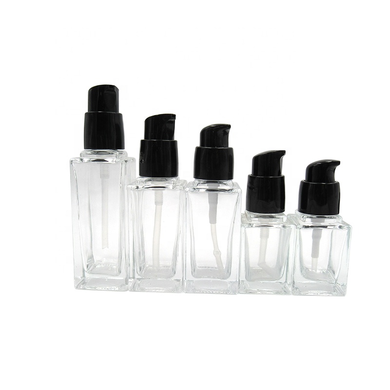 Wholesale square empty cosmetic lotion foundation packaging 15ml 20ml 30ml 40ml clear glass bottle with pump